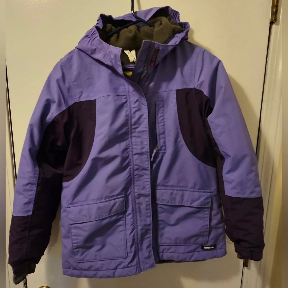 Lands' End Girls' Squall Jacket Purple Waterproof Windproof Hooded Size XL 16